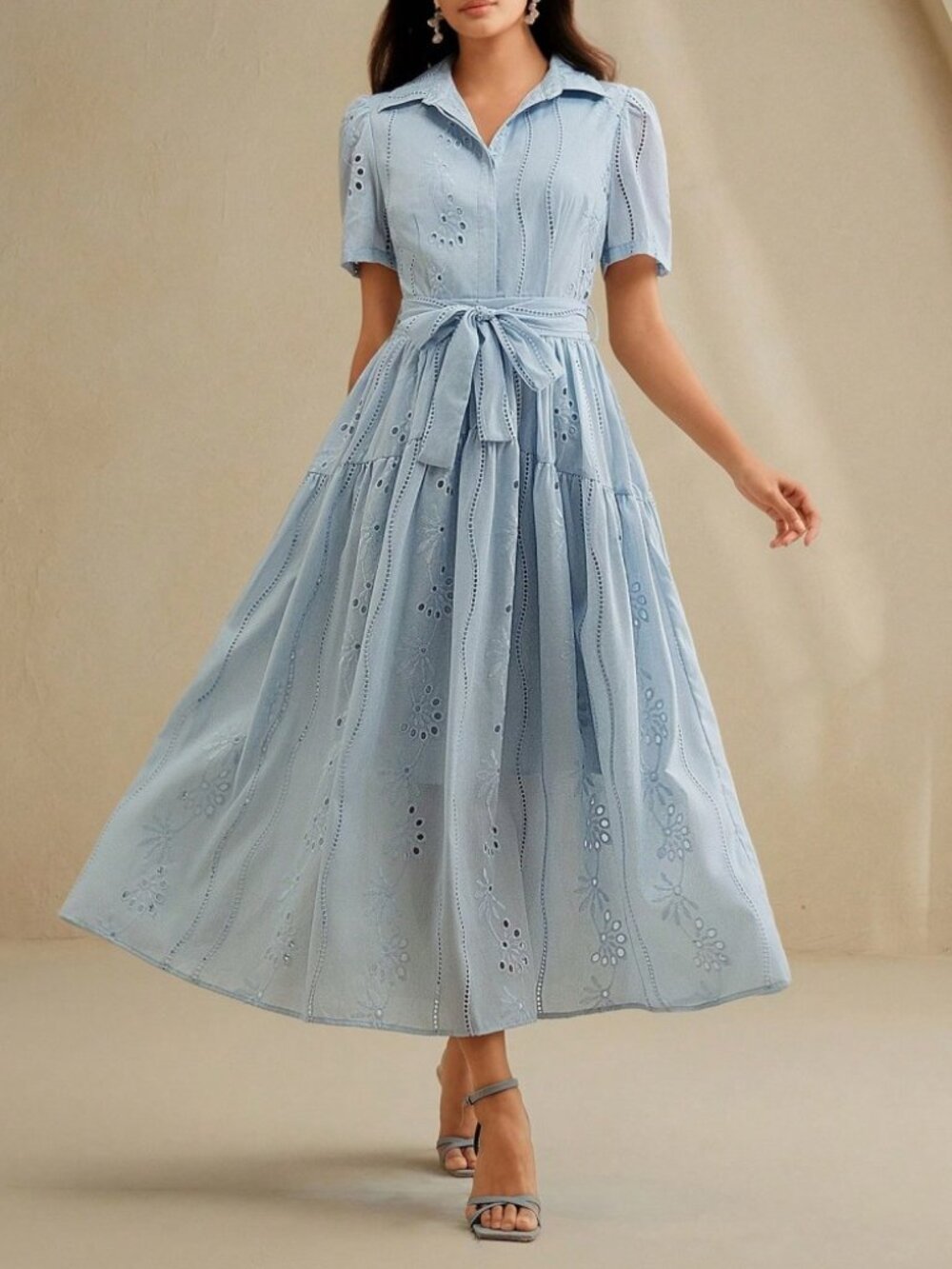 Sky Blue Eyelet Embroidered Collared Belted Midi Dress